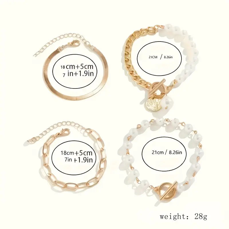 Set di bracciali chic in oro (4 pezzi) – serpente, perle e maglie